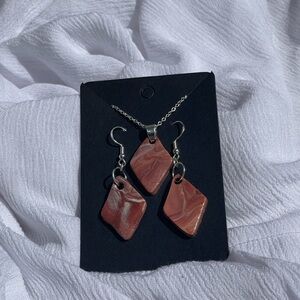 Handcrafted Polymer Clay Necklace and Earring Set: Silver with Brown and White